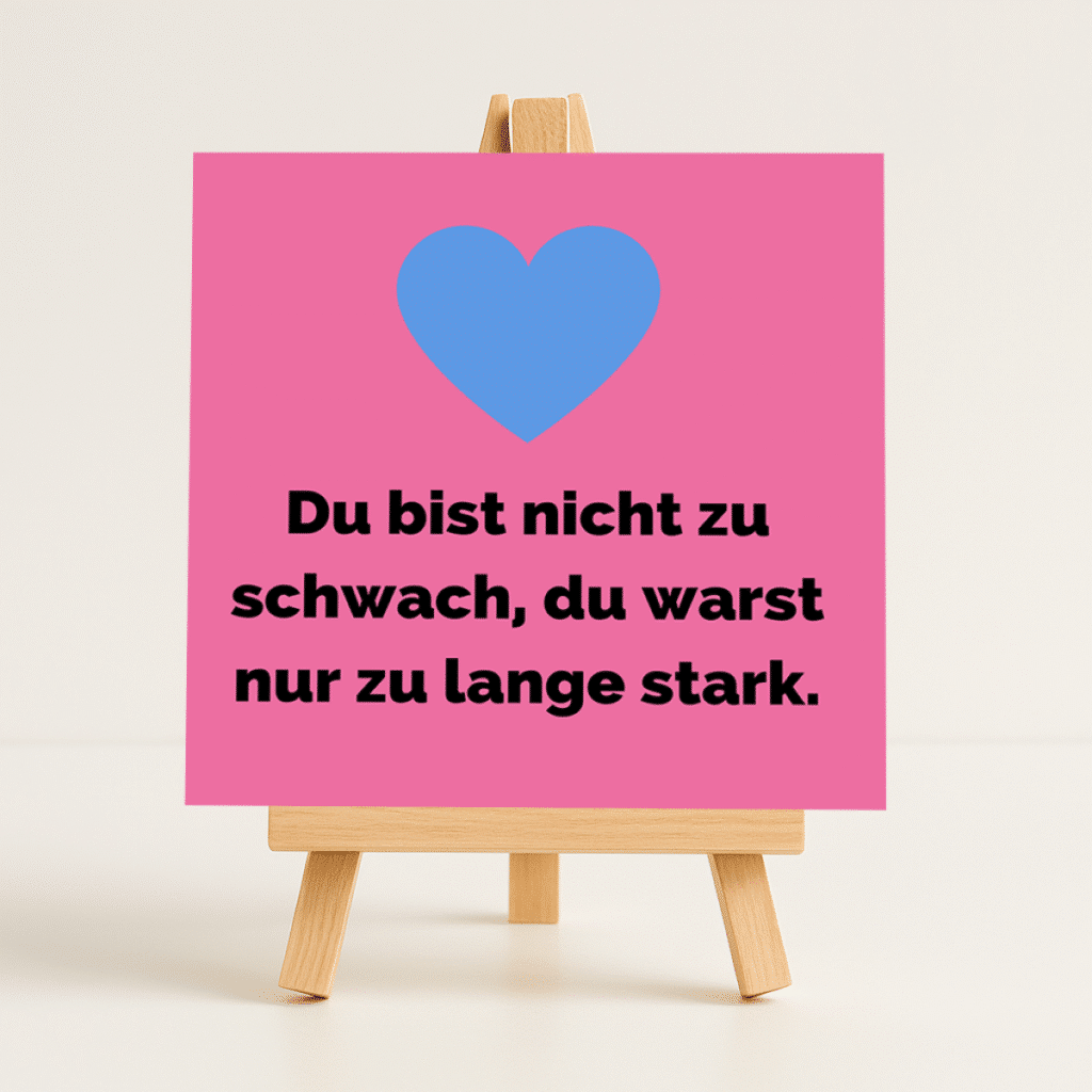 Pinke Angstfrei-Karte mit blauem Herz und dem Satz „Du bist nicht zu schwach, du warst nur zu lange stark.“ auf einer Mini-Staffelei.