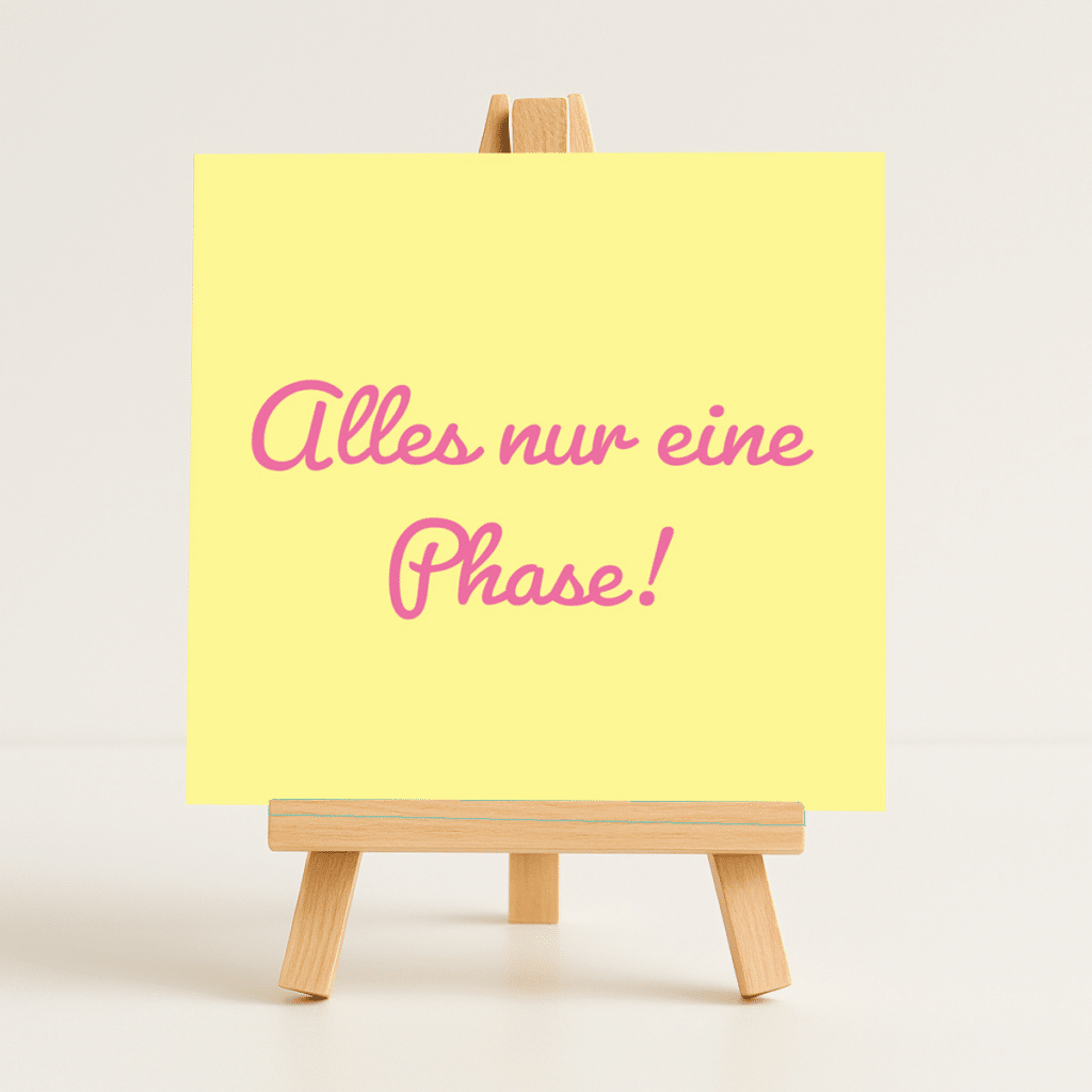 Gelbe Glückskarte für Mamas mit dem Spruch „Alles nur eine Phase!“ auf Holzstaffelei – liebevolle Impulse für den Mama-Alltag